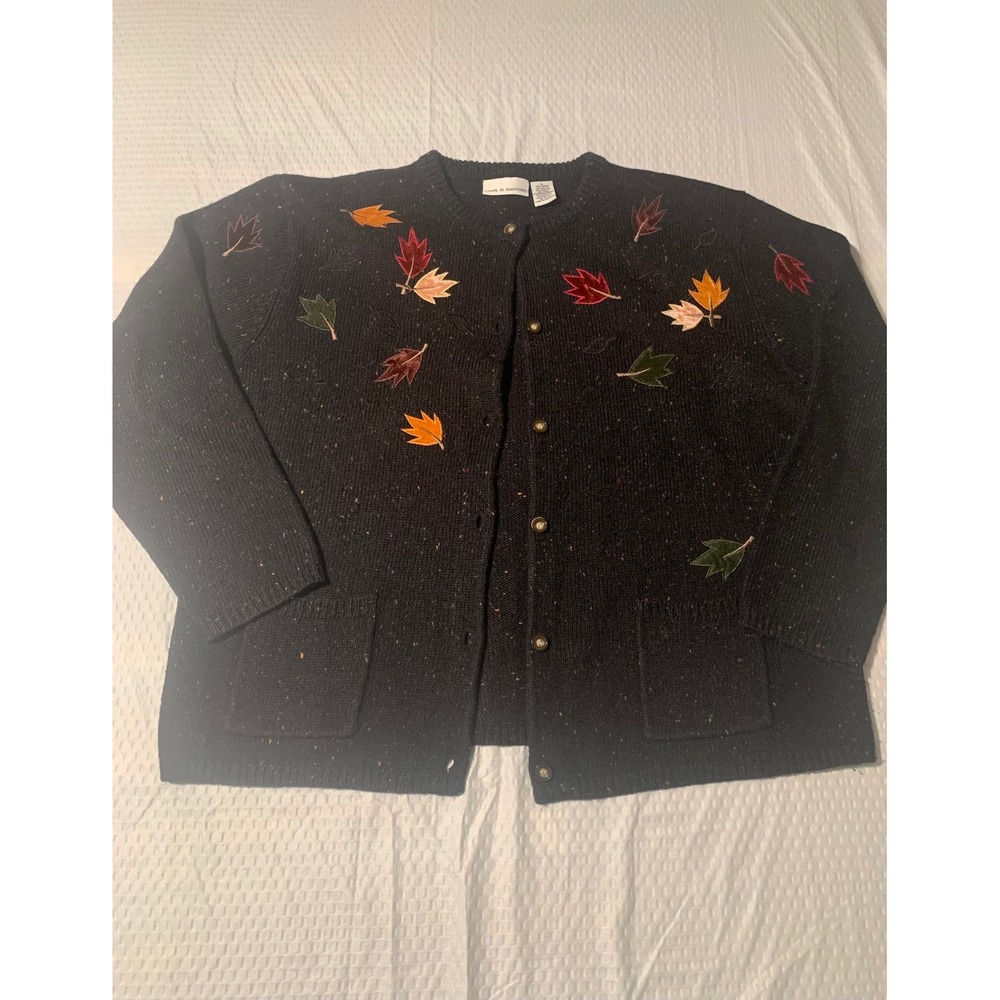 Croft & Barrow Black‎ Speckled Cardigan Sweater Leaf Size L grandmacore